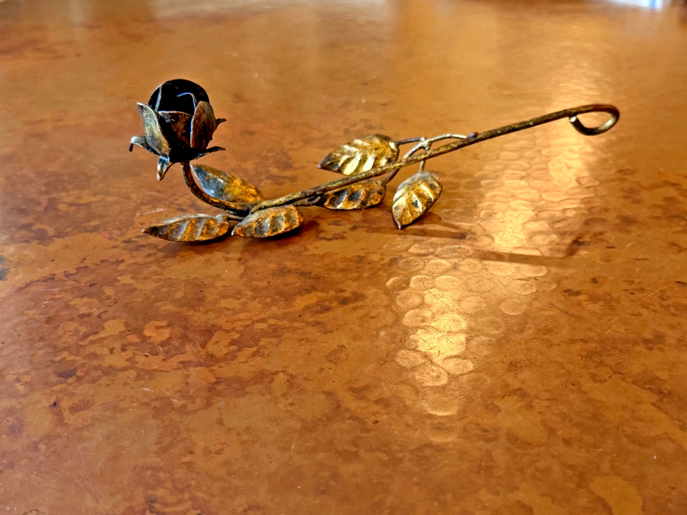 Vintage Tole Rose Candle Snuffer Gold Metal Flower Long Handle 9.5 in Antique